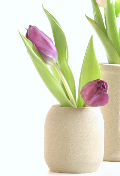 Purple tulips in a stone vase