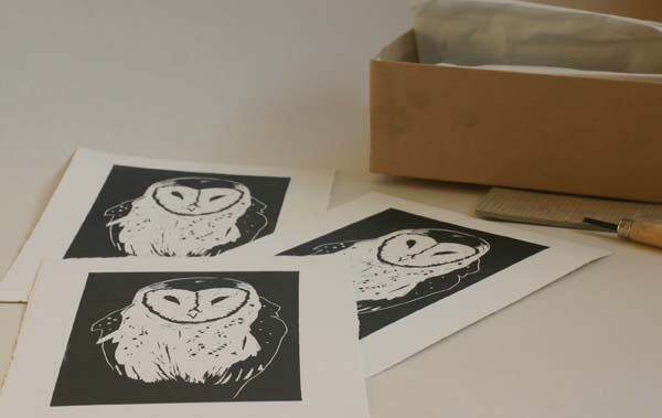 Lino print of a Barn Owl