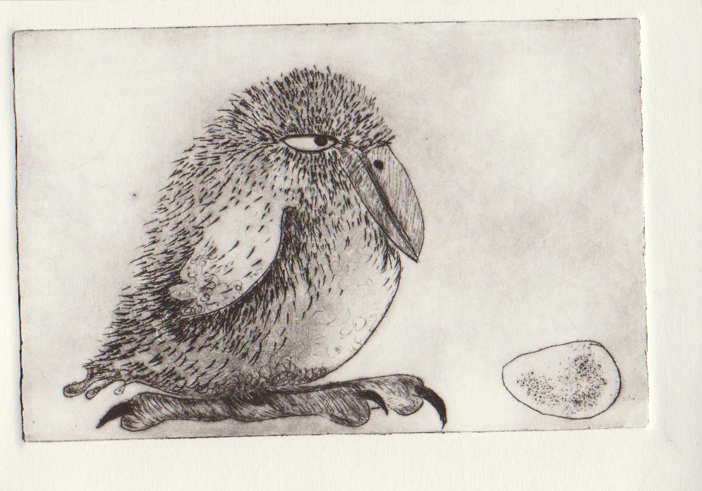 bird with egg drypoint print