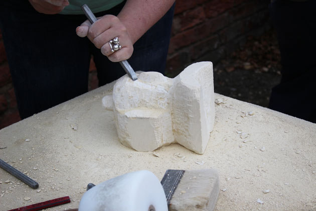 Limestone being shaped on the stone carving workshop at Rural Arts in Thirsk