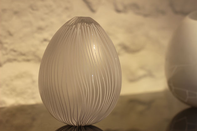 Glass egg at the Spring Rituals exhibition by Gillies Jones