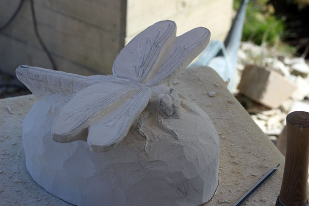 Carving progress of dragonfly sculpture