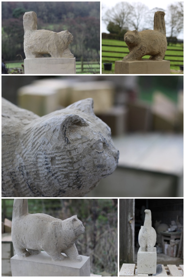 Carving progress on cat sculpture
