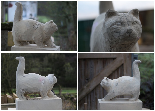 Carving stages of cat sculpture