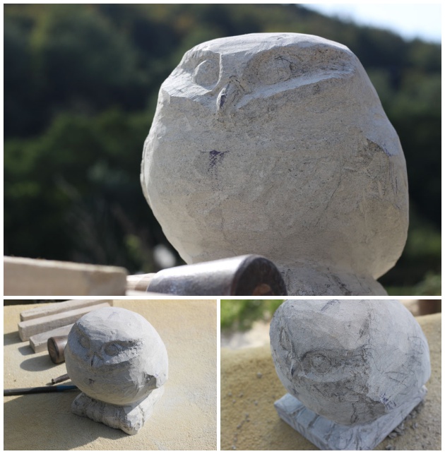 carving progress of Little Owl sculpture