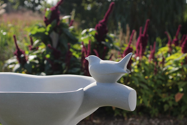 Leaf Birdbath with perched bird