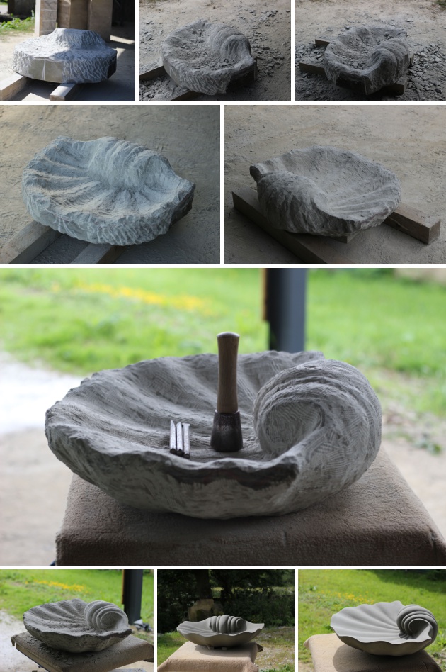 carving stages for my stone Shell Birdbath